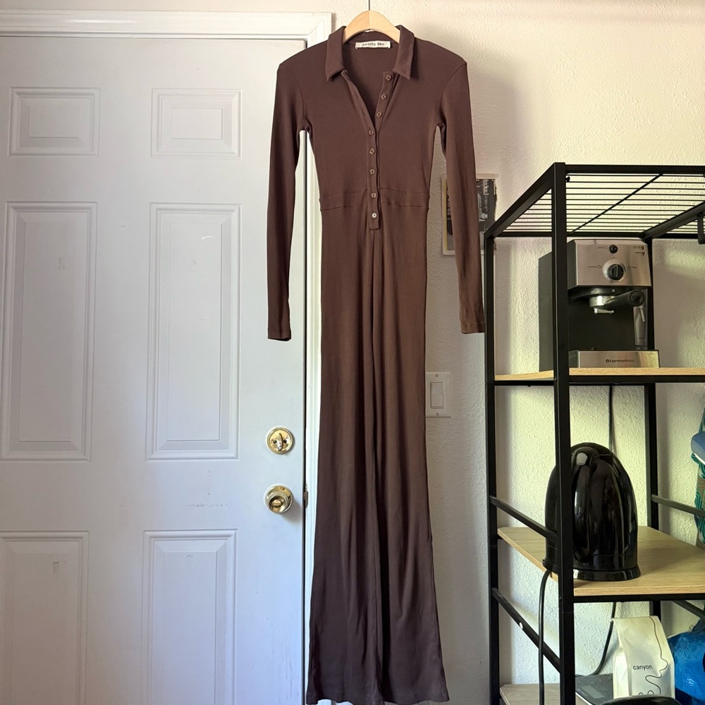 PEACHY DEN brown organic cotton rib ribbed knit boot cut button up jumpsuit